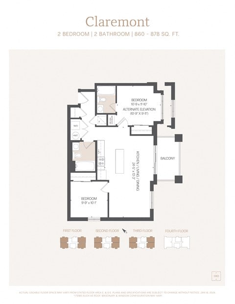 Floor plan for 2 beds, 2 baths, 878 sqft